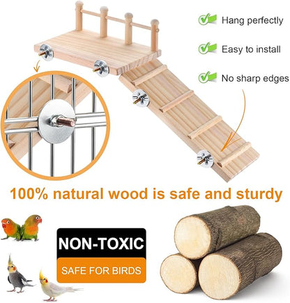 Wooden Bird Habitat Platform with Swing and Ladder - Sturdy Long Tailed Parrot cage Accessory, Suitable for Exercising and Entertaining Bird Games Gym - Perfect for Parrots, Canaries, Sparrows