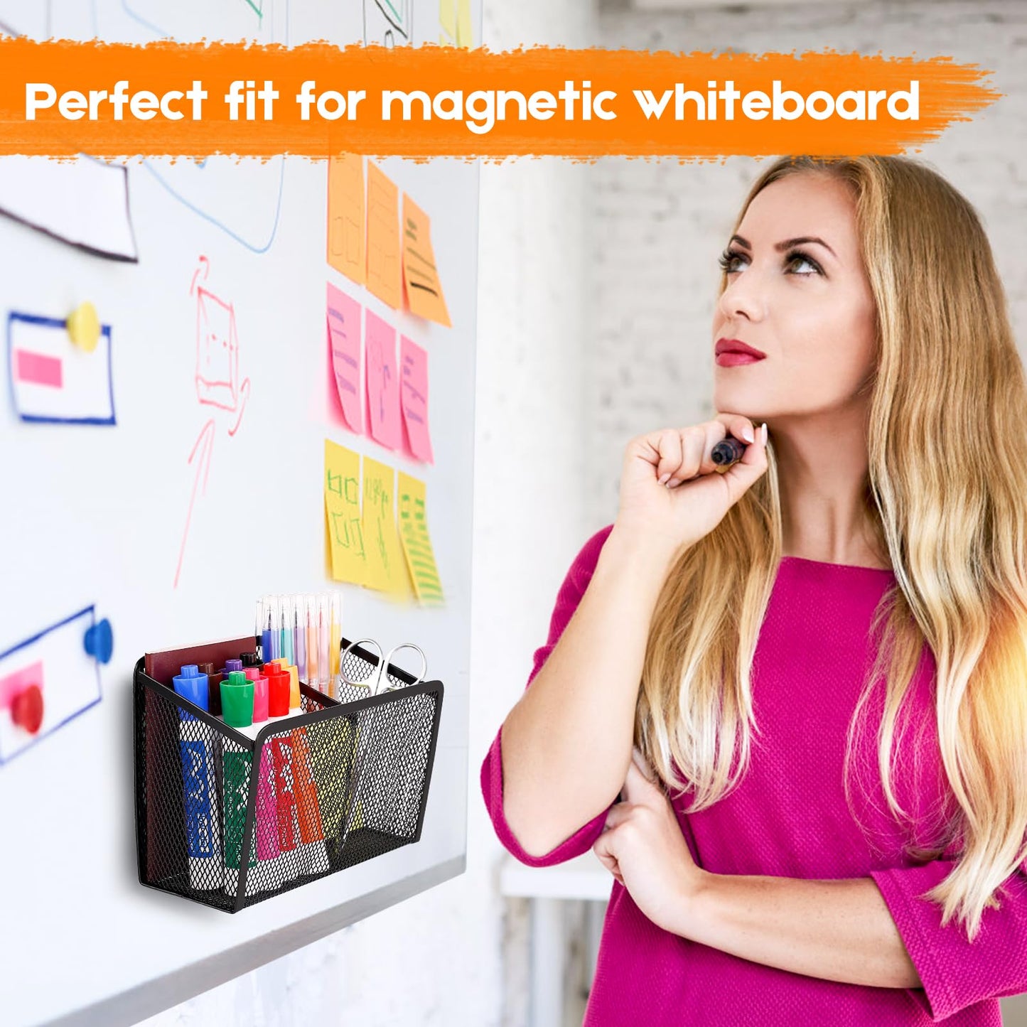 Ameceres Magnetic Pencil Holder - Extra Strong Magnets Mesh Marker Holder Perfect for Whiteboard, Refrigerator and Locker Accessories (2-Compartment (1 Pack))