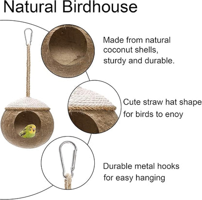 Yesland 2 Pack Coconut Bird Nest Hut with Loop, Coconut Fiber Hanging Birdhouse Cage, Anti-Pecking Bite Coconut Bird Parakeet for Parrot Parakeet Lovebird Finch Canary, Pet Cage Habitats Decor