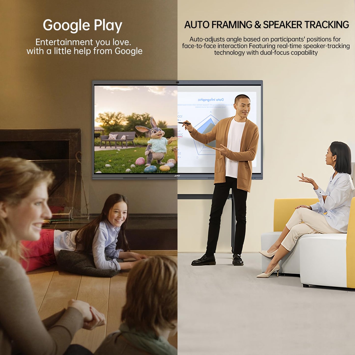 JAV 65" Smart Board Pro Google EDLA Certified 4K UHD Interactive Whiteboard for Classroom Office All-in-One Touchscreen Display with 48MP AI Camera 100W Soundbar Android 14 8+128GB Wall Mount Included