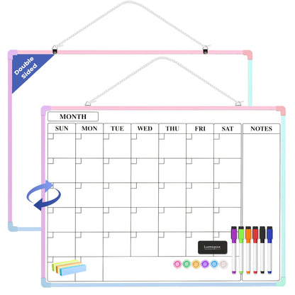 Lumspax Monthly Whiteboard Calendar for Wall, 24" x 18" Dry Erase Board with Plastic Frame, Hanging Dry Erase Calendar with 3 Mini Sticky Notes for Kitchen Planner, Memo, Home and Office, Colorful
