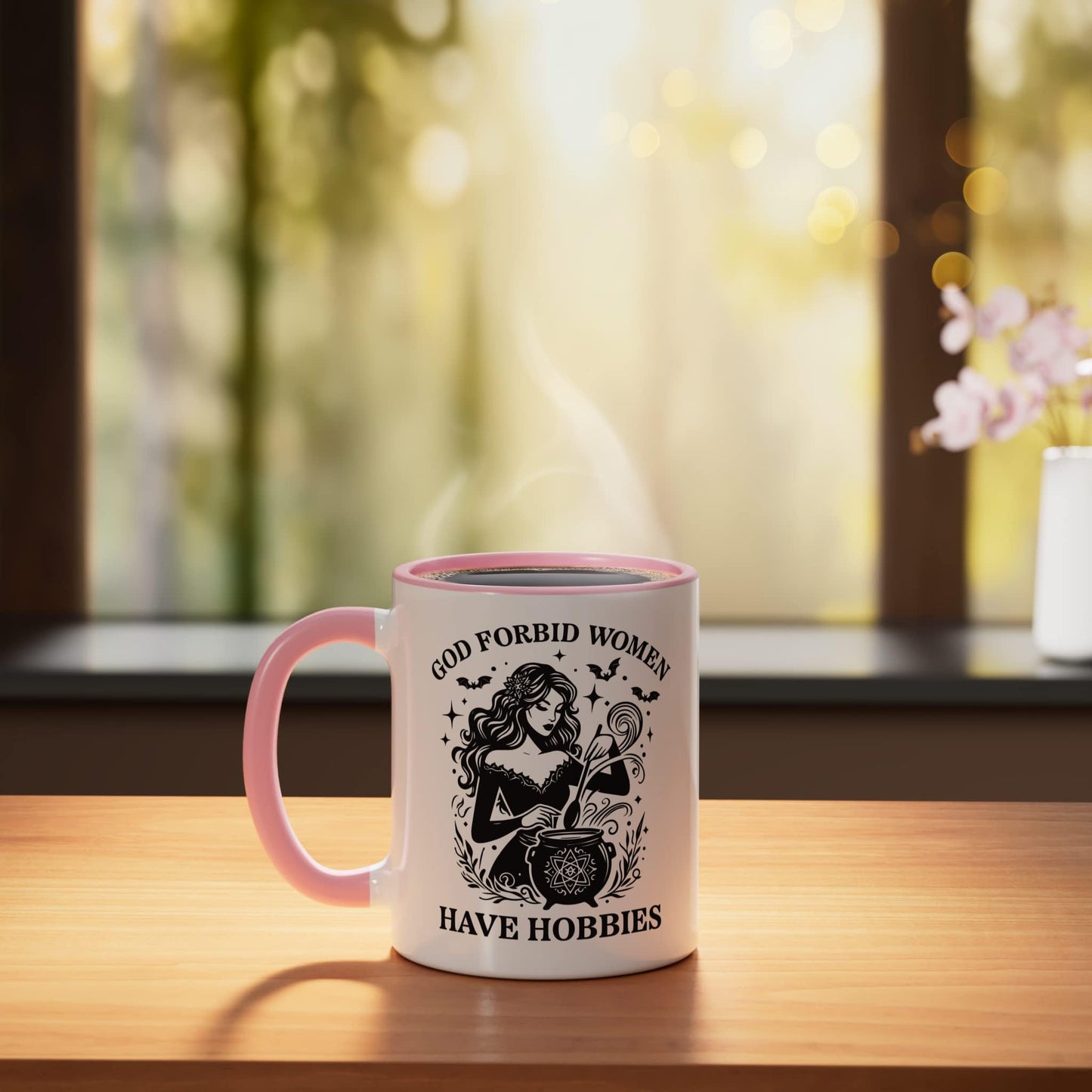 God Forbid Women Have Hobbies Witch Ceramic Mug, Pink/White