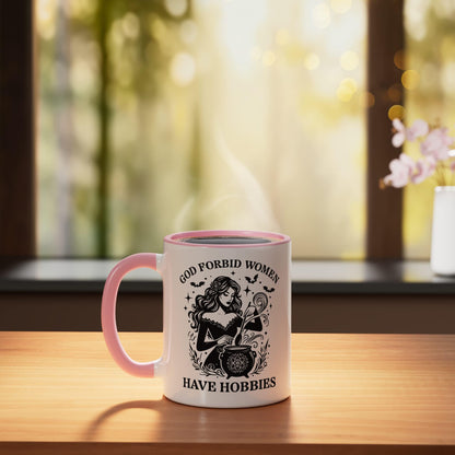 God Forbid Women Have Hobbies Witch Ceramic Mug, Pink/White