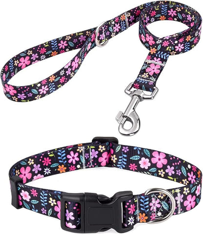 Mihqy Dog Collar and Leash Set with Bohemia Floral Tribal Geometric Patterns - Soft Ethnic Style Collar Adjustable for Small Medium Large Dogs(Floral Set,XS)