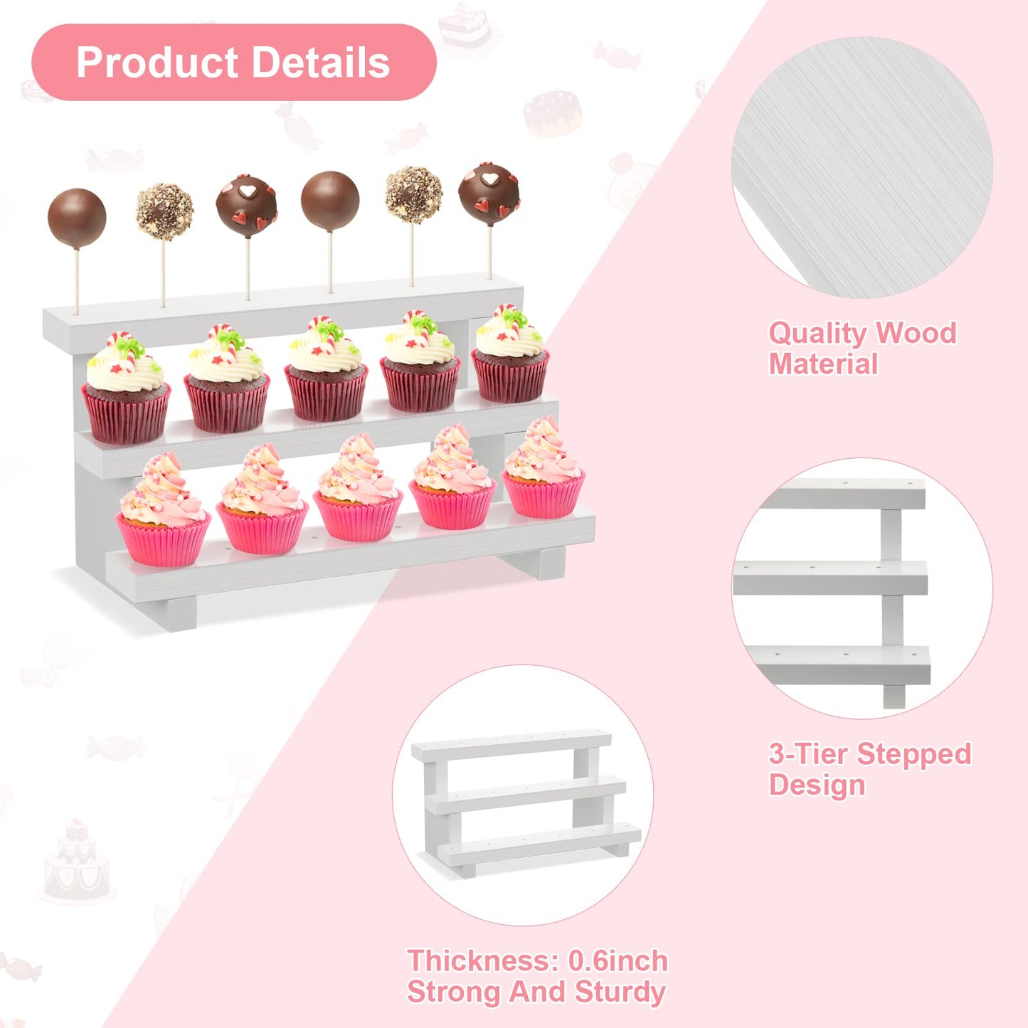 Tuanse 2 Pack Wooden Cake Pop Stand 3 Tier Cake Pop & Lollipop Display Holder with 100 Treat Bags Lollipop Sticks and Gold Twist Ties for Dessert Table Wedding Baby Shower Birthday Party(Wood)