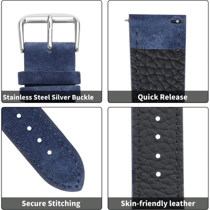 JUNGHELE Suede Leather watch bands for men and women, Quick Release leather watch strap with Silver Buckle watch leather strap, Blue 22mm watch band WBG0206