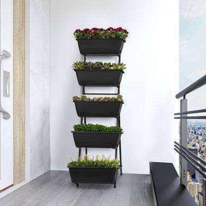 YBING Vertical Garden Planter 5 Tier Raised Garden Bed Outdoor Tiered Herb Garden Planter Standing Vertical Planter Box Flowers Vegetables Planters Black