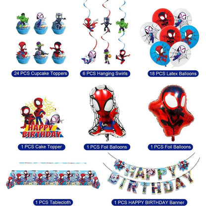 53pcs Spider Birthday Decorations Supplies, Spider Decorations - Cartoon Party Favors with Party Balloons, Foil Balloons, Banner, Cake Topper, Cupcake Toppers, Hanging Swirls & Tablecloth