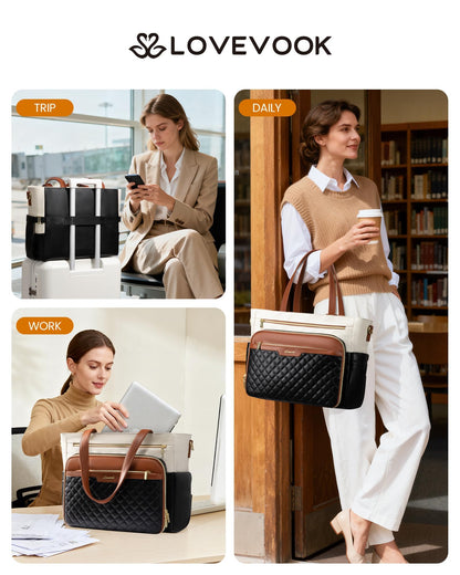 LOVEVOOK Teacher Tote Bag with Accordion File Pocket, Soft PU Leather Work Briefcase Quilted Laptop Bag with Large Cup Holder