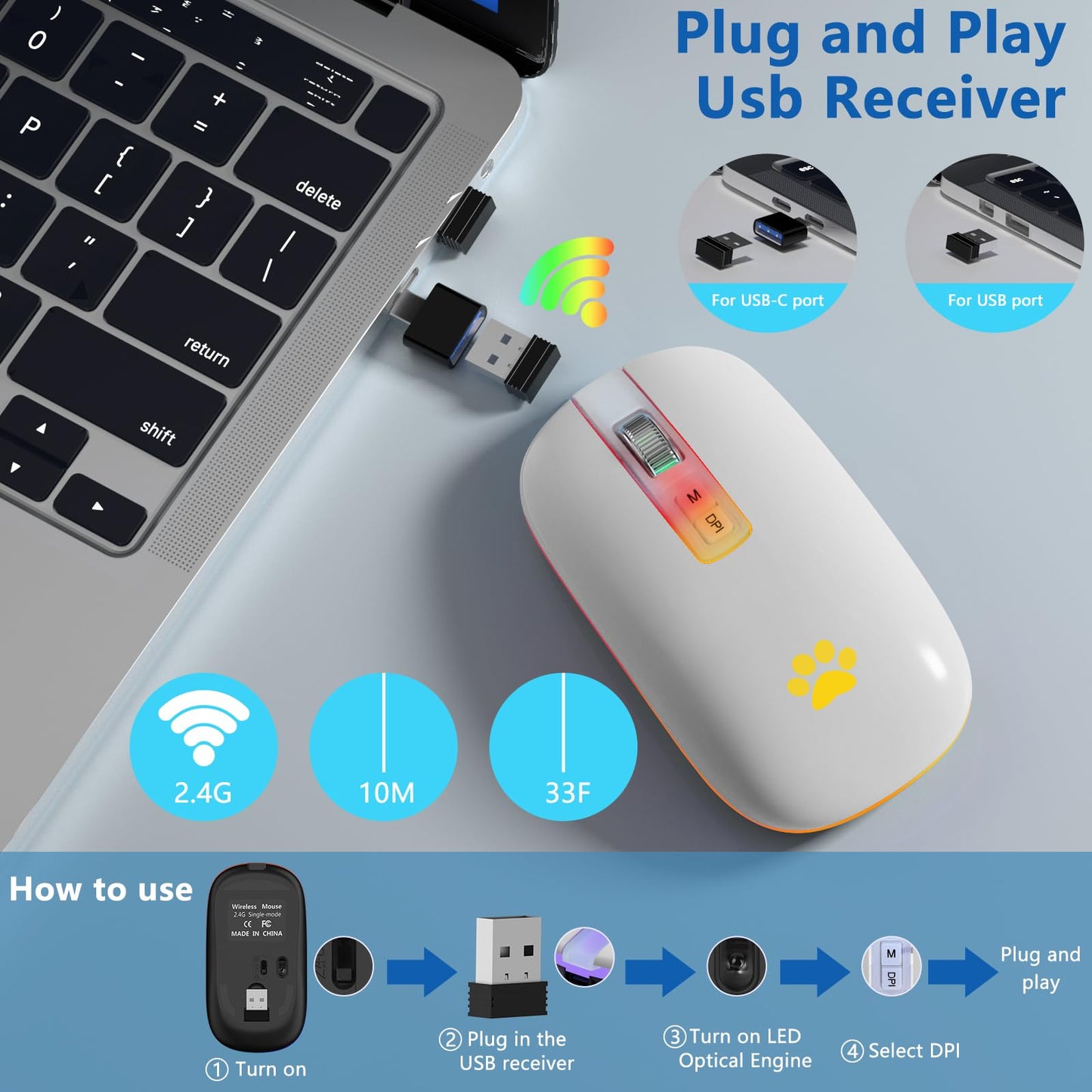 KARFUN Wireless Mouse, Backlit LED Portable Slim Computer Mouse for Laptop, PC, Computer, MacBook, iPad, Chromebook, Notebook, 2.4G Rechargeable Wireless Mouse (Black) (Black-Transparent Nose)