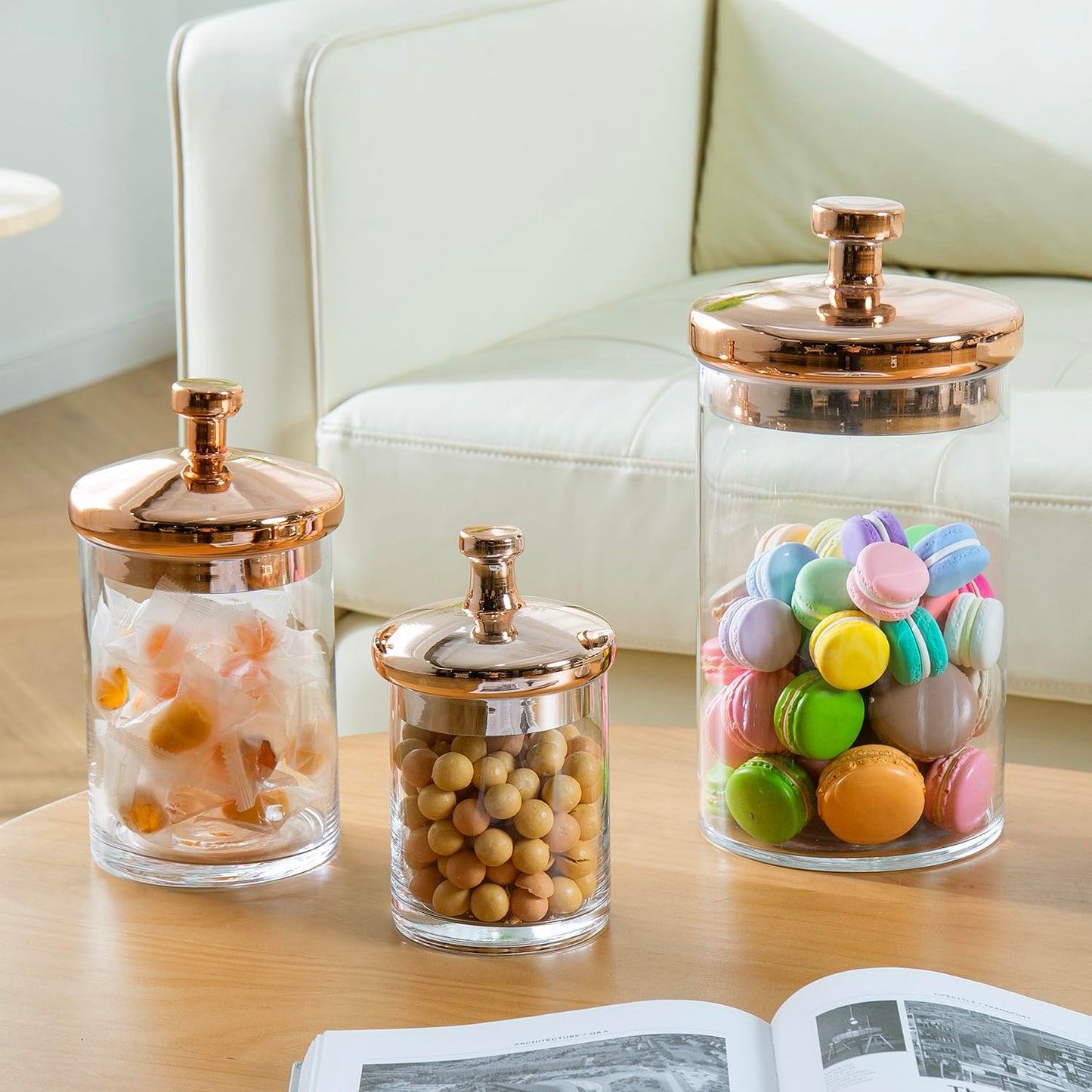MyGift Glass Apothecary Cookie Jar Set with Copper Lid - Decorative Kitchen and Bath Storage Canisters, Wedding Centerpiece Jars, Candy Buffet with Lids