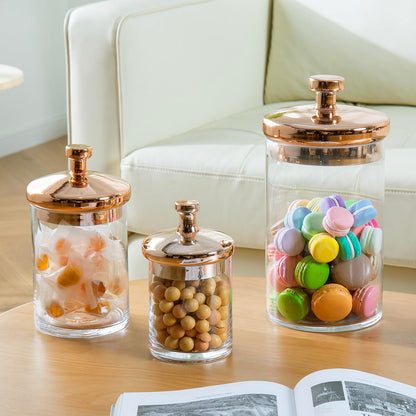 MyGift Glass Apothecary Cookie Jar Set with Copper Lid - Decorative Kitchen and Bath Storage Canisters, Wedding Centerpiece Jars, Candy Buffet with Lids