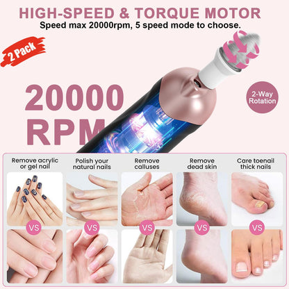 Professional Manicure Pedicure Kit, 9 in 1 Cordless Nail Drill with 100 pcs Nail Drill Bits Sanding Bands, Nail Grinder for Human, 5 Speeds, Nail Dremel Kit for Home and Salon Use