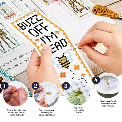 FREEBLOSS 6 Set Cross Stitch Bookmark Kits Insect Pattern Bookmark Cross Stitch Kits with Instructions Punch Needle Embroidery Kit for Beginners, Handmade Bookmarks for Book Lover Reading Day Gift