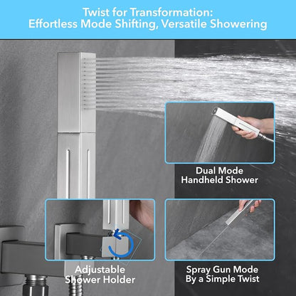 VANFOXLE Shower Faucet Set Brushed Nickel Shower System, Push Button Diverter Shower Faucet with Trim Kit, Ceiling Mount 16 Inch Shower Head Increased Thick, 6 Inch Side Shower Head, 2-in-1 Handheld