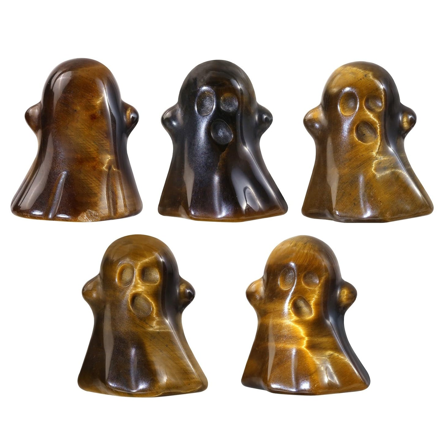 TUMBEELLUWA 2PCS Halloween Ghost Figurine Carved Crystal Statue Energy Stone Mini Collectible Sculpture Ornament for Haunted House Mantel Decor, Tiger's Eye Stone