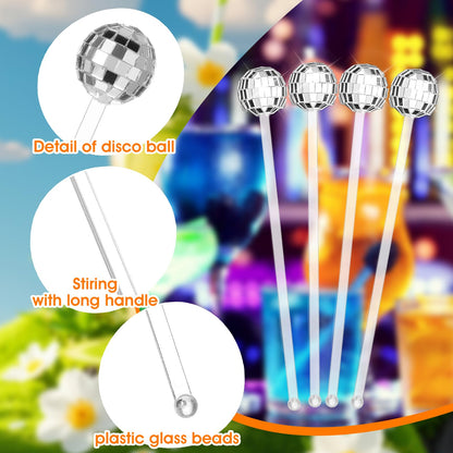 72 Pcs Disco Balls Cocktail Stirrers, Plastic Round Top Swizzle Sticks Mirror Disco Ball Stir Sticks Decorative Straws Drink Stirrers for 70s 80s Theme Party, Home Bar, Coffee Shop, Wedding (Silver)