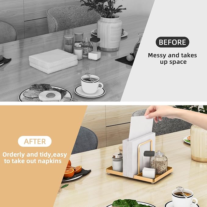 Audmore Gold Napkin Holder for Table, Metal Napkin Storage with Salt and Pepper Shakers Caddy for Dining Table Decor
