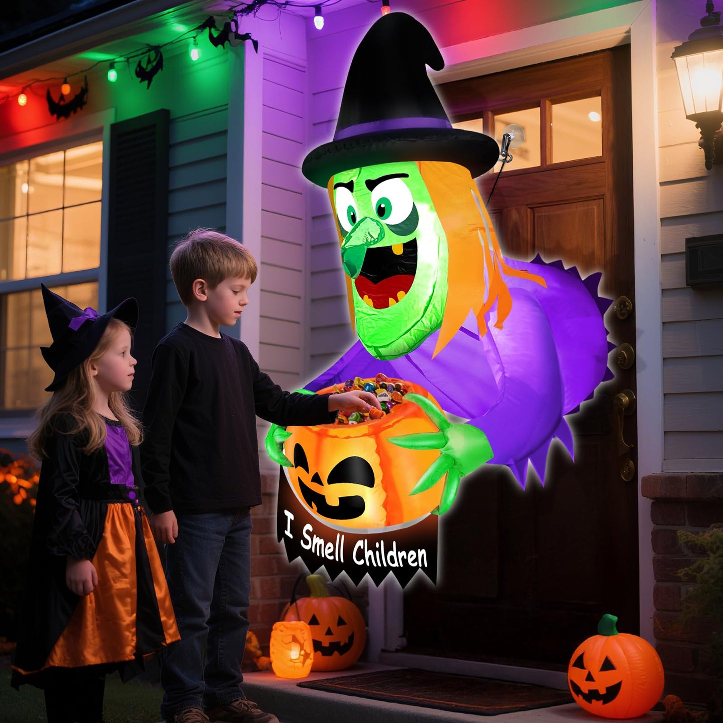 4 Ft Halloween Inflatables Decorations Outdoor Witch Broke Out from Window Blow Up Scary Holding Pumpkin Candy Bucket Build-in LED Halloween Decorations Party Indoor Outside Yard Garden Lawn