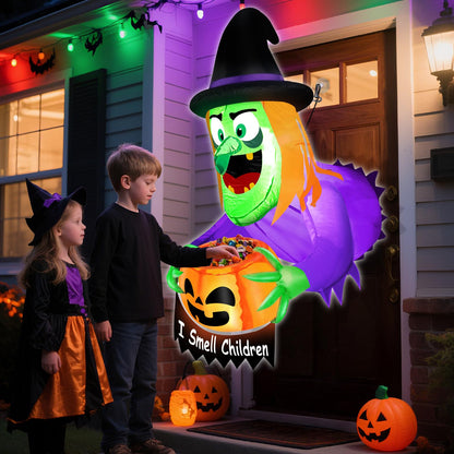 4 Ft Halloween Inflatables Decorations Outdoor Witch Broke Out from Window Blow Up Scary Holding Pumpkin Candy Bucket Build-in LED Halloween Decorations Party Indoor Outside Yard Garden Lawn