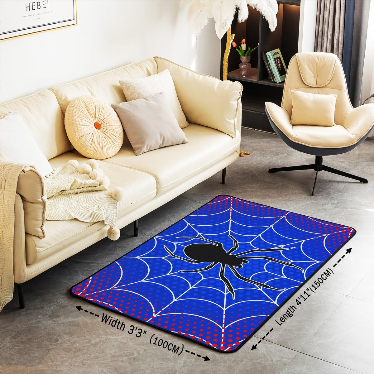 Spider Web Kids Area Rug,Black Spider Arachnid Insect Animals Indoor Floor Mat Entrance Rug for Boys Man Girls Women,Happy Halloween Non Slip Rug,Red Blue Fashion Couch Living Room Decor,3'x5'