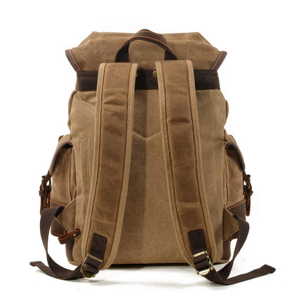 WUDON Men Travel Backpack, Genuine Leather-Waxed Canvas Shoulder Hiking Rucksack (Khaki)
