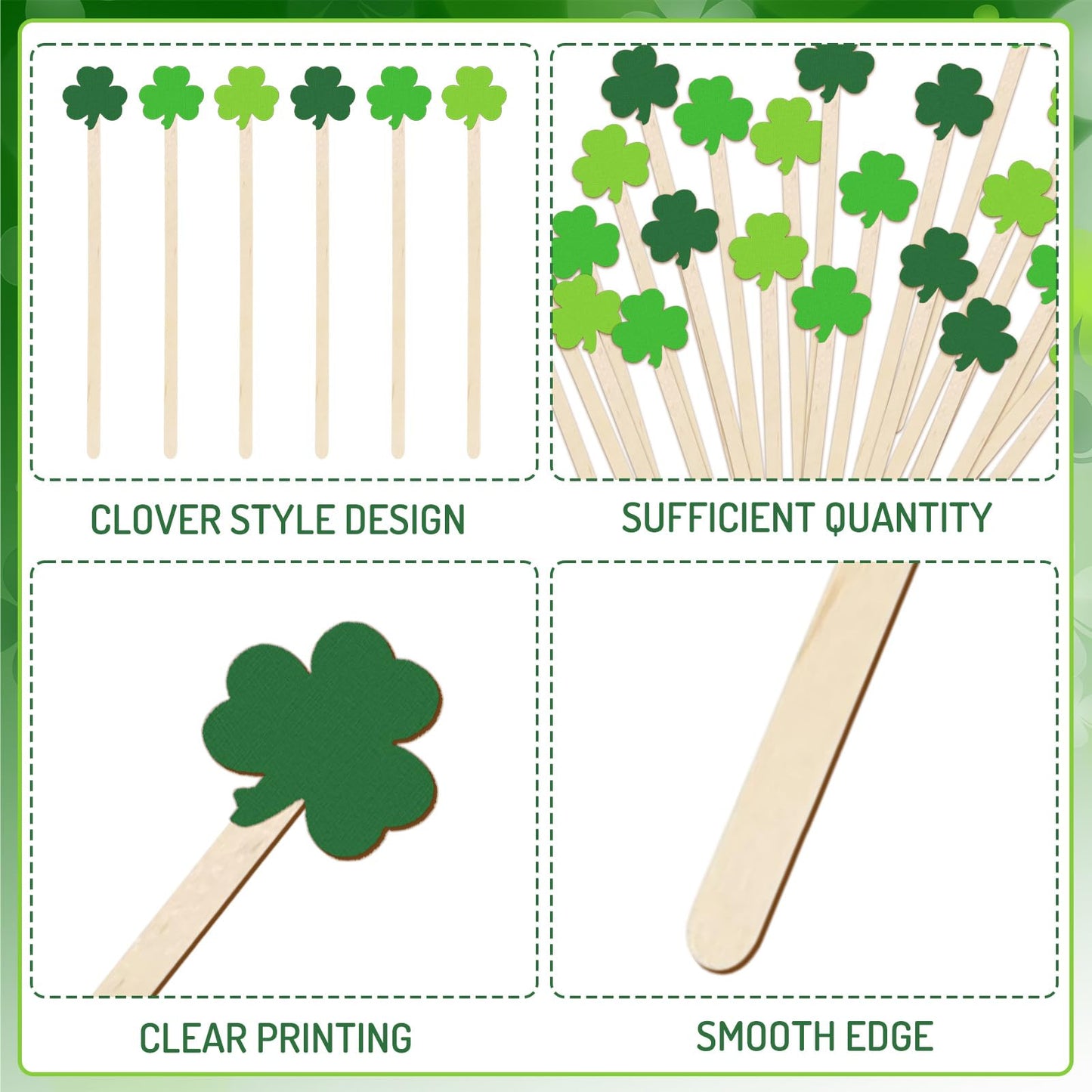 JarThenaAMCS 120Pcs St. Patrick's Day Drink Stirrers Shamrock Disposable Wooden Stir Sticks Irish Green Clover Swizzle Stirrer for Coffee Beverage Party Bar Restaurant Home Weddings Holiday