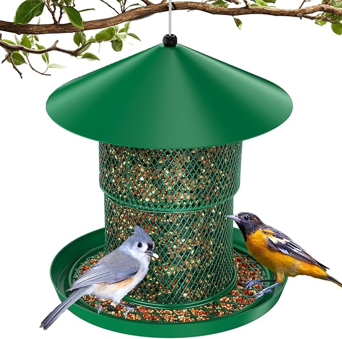 Bird Feeder for Outdoor Hanging, No Mess No Spill Birdfeeder for Outdoor, Squirrel Proof Bird Feeder w/Catch Tray - Large Capacity All-Metal for Outside Hanging to Attracting Birds, Green