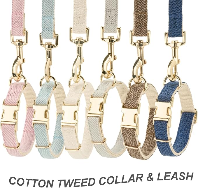 Luxury Soft Cotton Tweed Fabric Dog Collar & Leash Set with Gold Buckle – Durable Fabric, Stylish Design for Everyday Walks(Small Grey)
