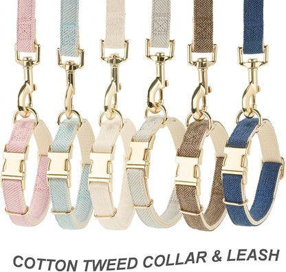 Luxury Soft Cotton Tweed Fabric Dog Collar & Leash Set with Gold Buckle – Durable Fabric, Stylish Design for Everyday Walks(Small Cream)