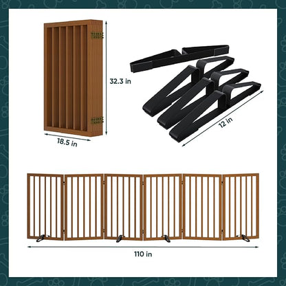 Freestanding Extra Wide Dog Gate Indoor, 6-Panel Wooden Pet Gate with 2 Metal Stands and 360°Hinge, Tall Dog Gates for Doorways, Stairs, Doorways, Kitchen, Foldable Safety Fence, 110"W x 32"H - Walnut