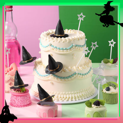 Funnymoom 30 Pcs Witch Party Supplies Witch Hat and Star Cupcake Topper Wizard Hat Princess Cake Decorations Halloween Cupcake Topper Sticks Dessert Cake Accessories for Birthday Party Supplies