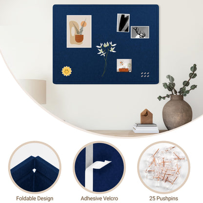 AKTOP Bulletin Board, 24" x 16" Foldable Felt Notice Pin Board for Wall, Decorative CorkBoard Photo Display Board with Self-Adhesive Tape, Vision Board Cork Board Alternative with 25 Pushpins - Blue