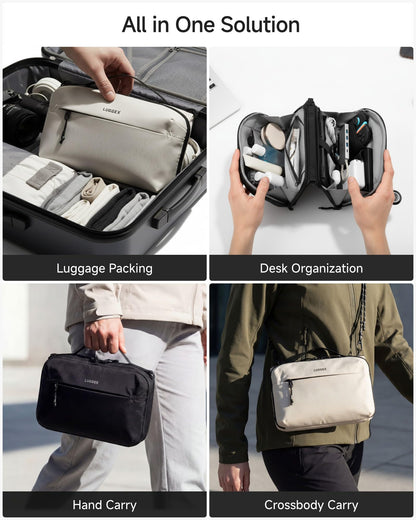 LUGGEX Large Tech Pouch, Cable Organizer Bag with Removable Crossbody Strap, Dual Accessories Bag & Water Resistant for Kindle, Chargers, Cord, Earphone for Travel Office All-in-One, Black