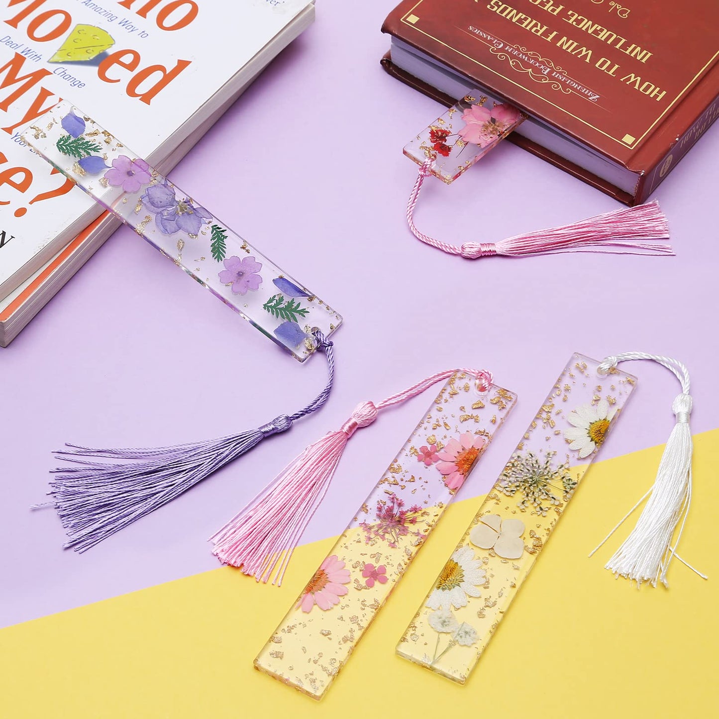 Dried Flower Bookmarks with Tassels, Kaluofan 4PCS Bookmarks for Women, Durable Handmade Dried Flower Resin Bookmarks, Pretty and Increase Reading Interest, (FB04)