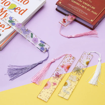 Dried Flower Bookmarks with Tassels, Kaluofan 4PCS Bookmarks for Women, Durable Handmade Dried Flower Resin Bookmarks, Pretty and Increase Reading Interest, (FB04)