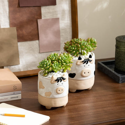LA JOLIE MUSE Ceramic Animal Succulent Plant Pots - 5.7 + 4.4 Inch Cute Cow Shaped Half Glazed Rough Pottery Indoor Planters for Flower Cactus, Home Decor Gifts for Mom