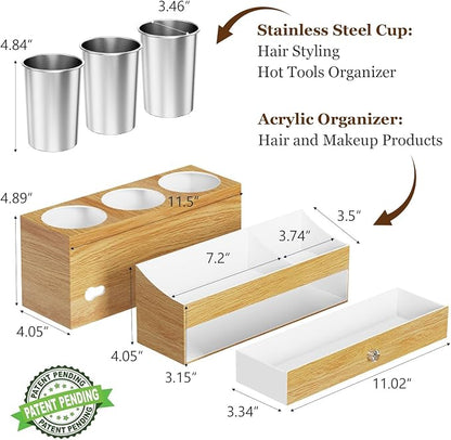 GFWARE Acrylic Hair Dryer Holder with Drawer, Bathroom Organizer Countertop Drawers with 3 Stainless Cups, Makeup Vanity Accessories, Hair Hot Tools Organizer, Toiletry, Wood