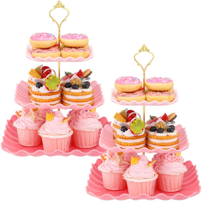 Lallisa 2 Pack Scalloped Cupcake Stand Dessert Plates Plastic Square Tiered Serving Stand Display Tower for Wedding, Birthday Party, Tea Party and Baby Shower(Pink Gradient)