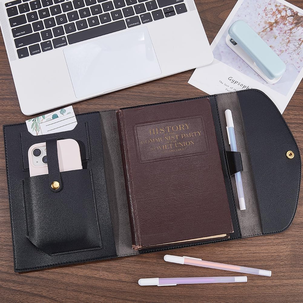 CRASPIRE A5 Leather Notebooks Cover for Black Journal Travelers Notebook with Card Slots Pen Holder File Folder Business Cards Documents Portfolio Organizer Briefcase for Refillable Planner Notepad