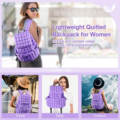 XSUIOY Quilted Backpack Purse for Women Small Lightweight Puffer Puffy College Laptop Backpack Nylon Casual Bookbag Daypack Top Flap Drawstring Padding Hiker Travel Gym Backpack(Purple)