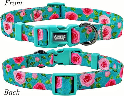 Dog Collar and Leash Set, Rose Pattern, Polyester Material, 5ft Matching Leash, for Small Dogs.(S, Green Rose Set)