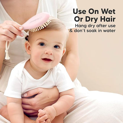Baby Hair Brush Set for Newborns - Soft Goat Bristle Wooden Baby Brush and Comb Set Newborn Grooming Kit for Cradle Cap, Durable & Gentle, Boy, Girl Infant Essentials Care Kit (Regular, Blush)