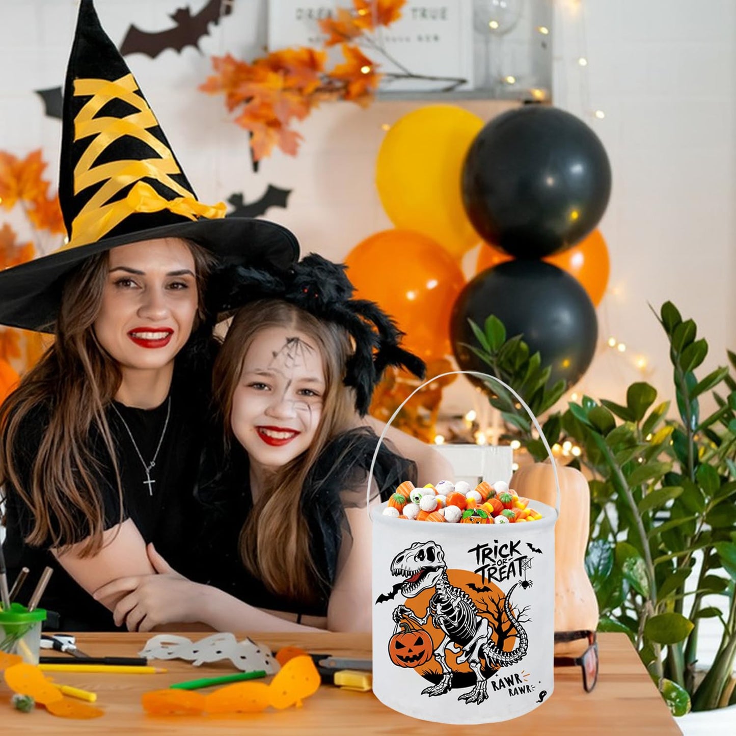 FXOCSHE Halloween Trick or Treat Bucket,Cute bucket,candy tote with handles,party supplies,holiday party decoration gift basket(Dinosaur Halloween)