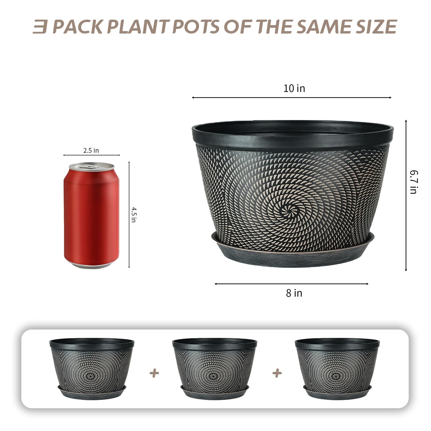 Quarut 10 Inch Flower Pots for Outdoor Indoor, 3 Pack Plastic Plant Pots with Drainage Hole & Tray, Modern Decorative Garden Pot with Saucer, planters for House (Brown)