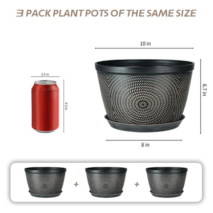 Quarut 10 Inch Flower Pots for Outdoor Indoor, 3 Pack Plastic Plant Pots with Drainage Hole & Tray, Modern Decorative Garden Pot with Saucer, planters for House (Brown)