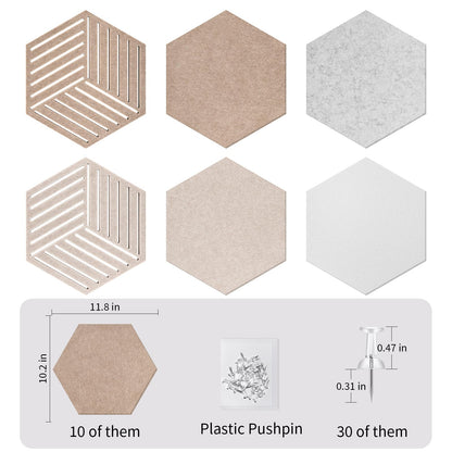 10 Pack Hexagon Cork Board Tiles Alternative, 12'' Fully Self-Adhesive Modern Felt Bulletin for Wall Decor, Frameless Pin Board for Office, Renter-Friendly Decorative Hexagon Corkboard with 30 Pins