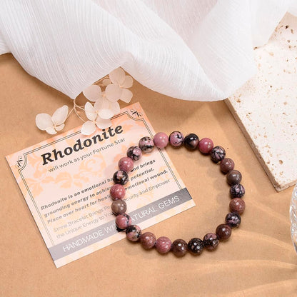 MASSIVE BEADS Pink Black Rhodonite - Stone of Fortune - Handmade Yoga Stretch Elastic Bracelet Natural Stone Crystal Healing Power Energy Gifts for Unisex Adult 8mm