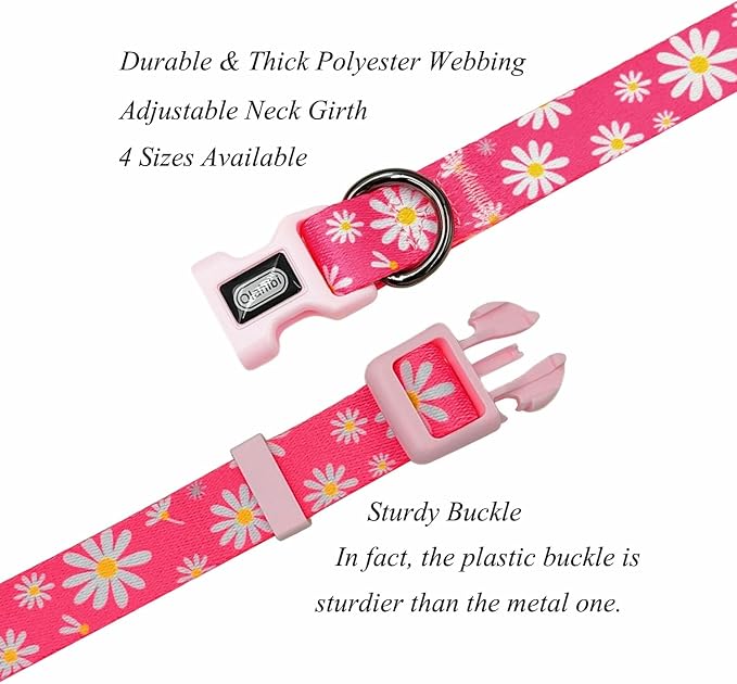 Dog Collar Leash Set, Floral Pattern, Polyester Material, Adjustable Collar and 5ft Matching Leash, for Puppy Dogs.(XS, Pink Daisy)