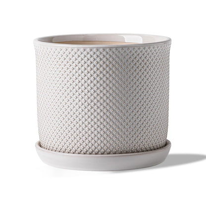 Chubacoo 8 Inch Plant Pot: Ceramic Planter with Drainage Hole & Saucer Indoor Outdoor Plants - Flowerpot with Bonded Tray for Home Office - Beaded Embossed Style, Cream White